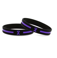 Black Purple Ribbon Awareness Silicone Bracelet, Motivational, 8in, 2 pack