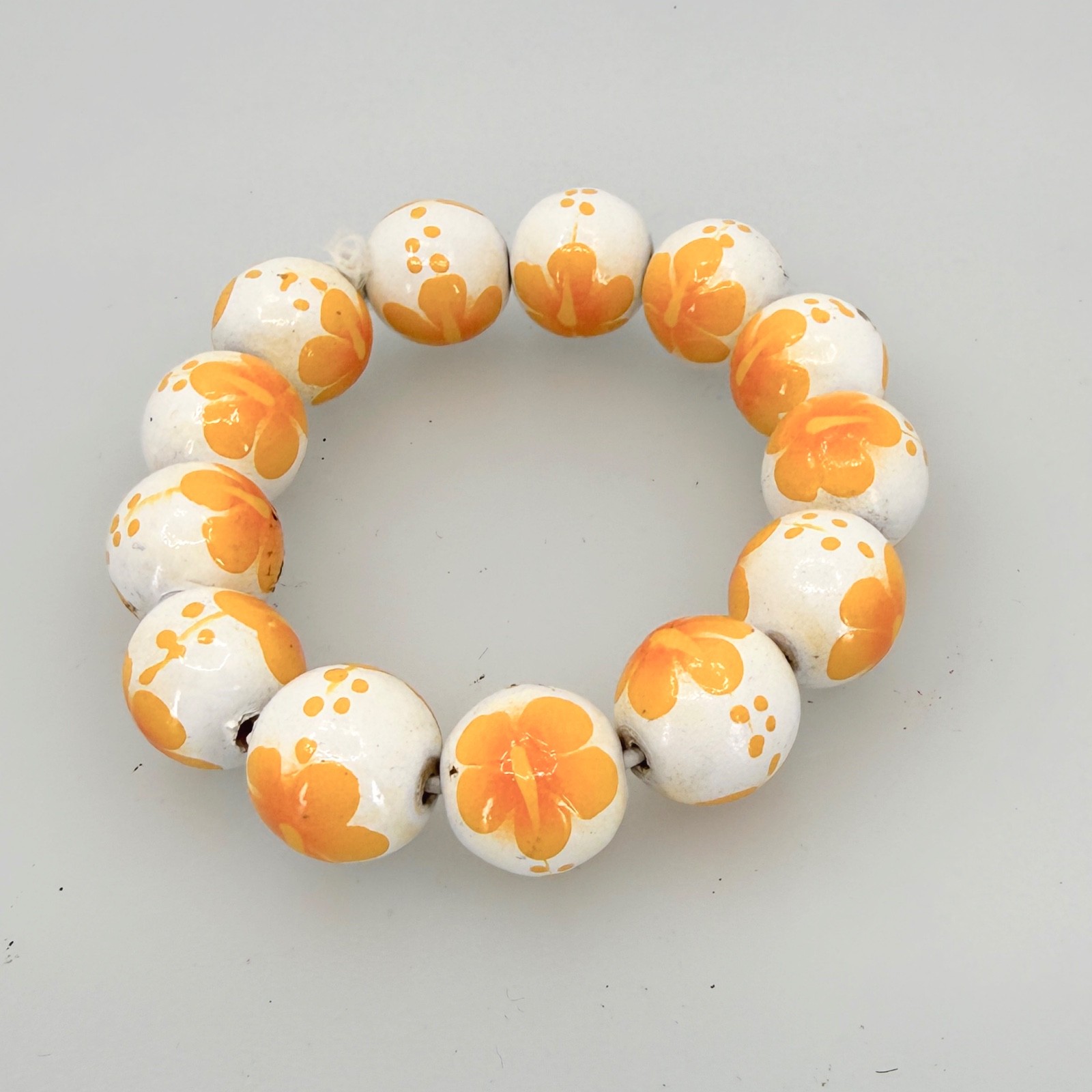 Hand Painted Ceramic BEAD Stretch Bracelet ORANGE Floral Cottagecore Boho Cute gallery