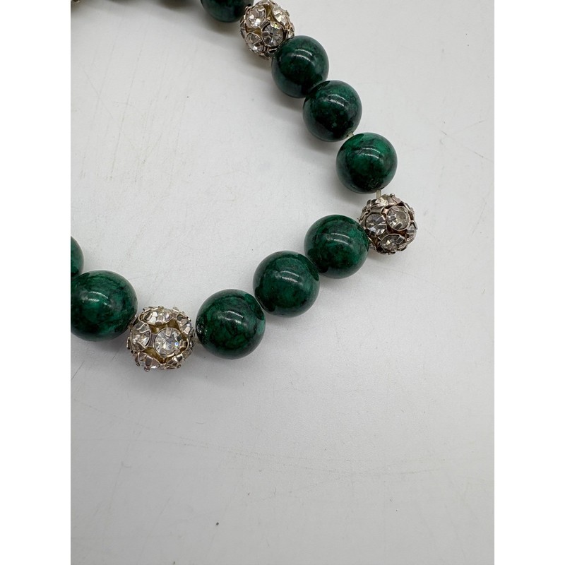 Green Beaded Stretch Bracelet Silver Rhinestone Filigree Accents gallery