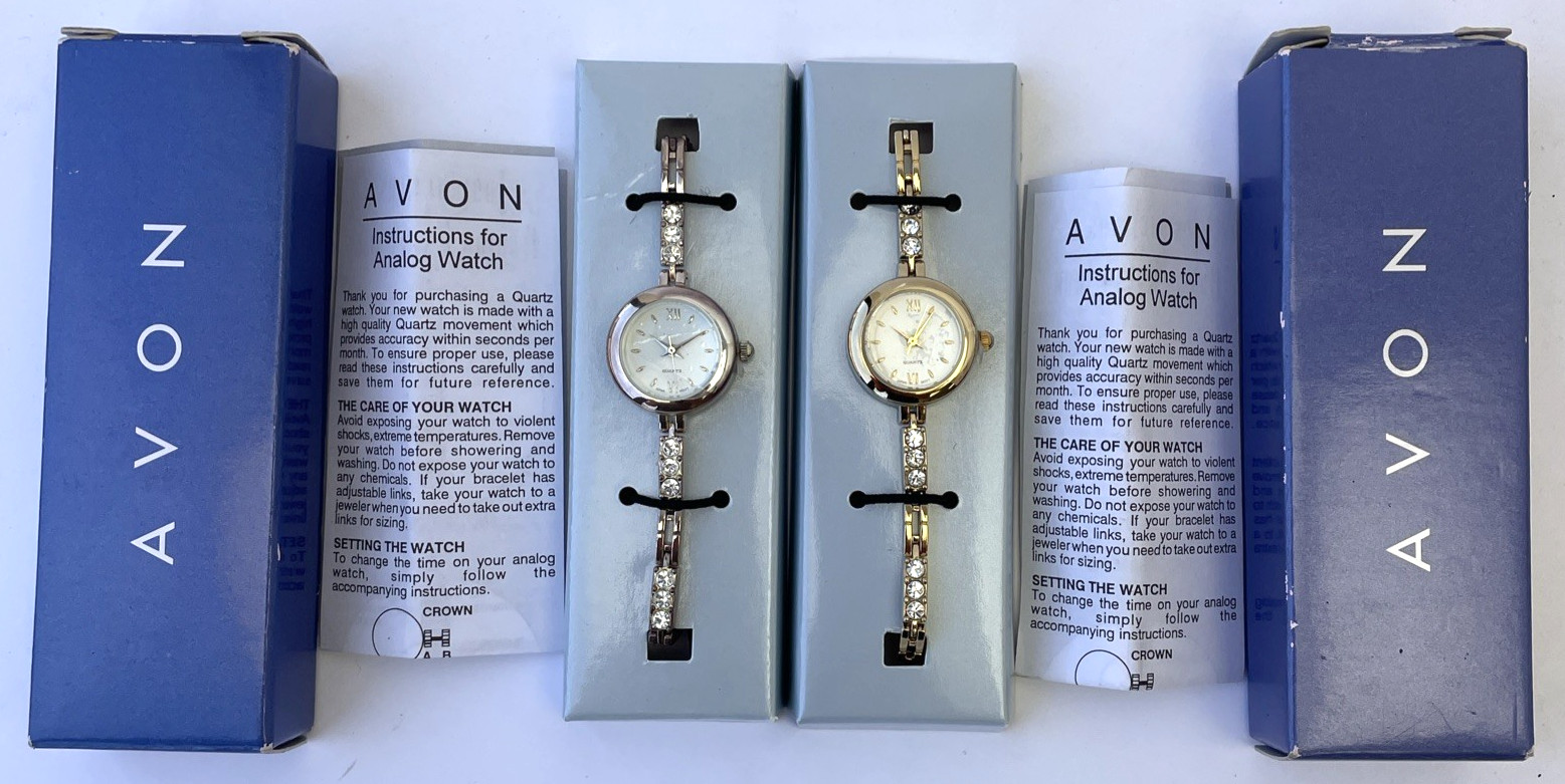2 x VTG Avon Sparkle Tennis Bracelet Wristwatch Rhinestone Goldtone / Silvertone gallery