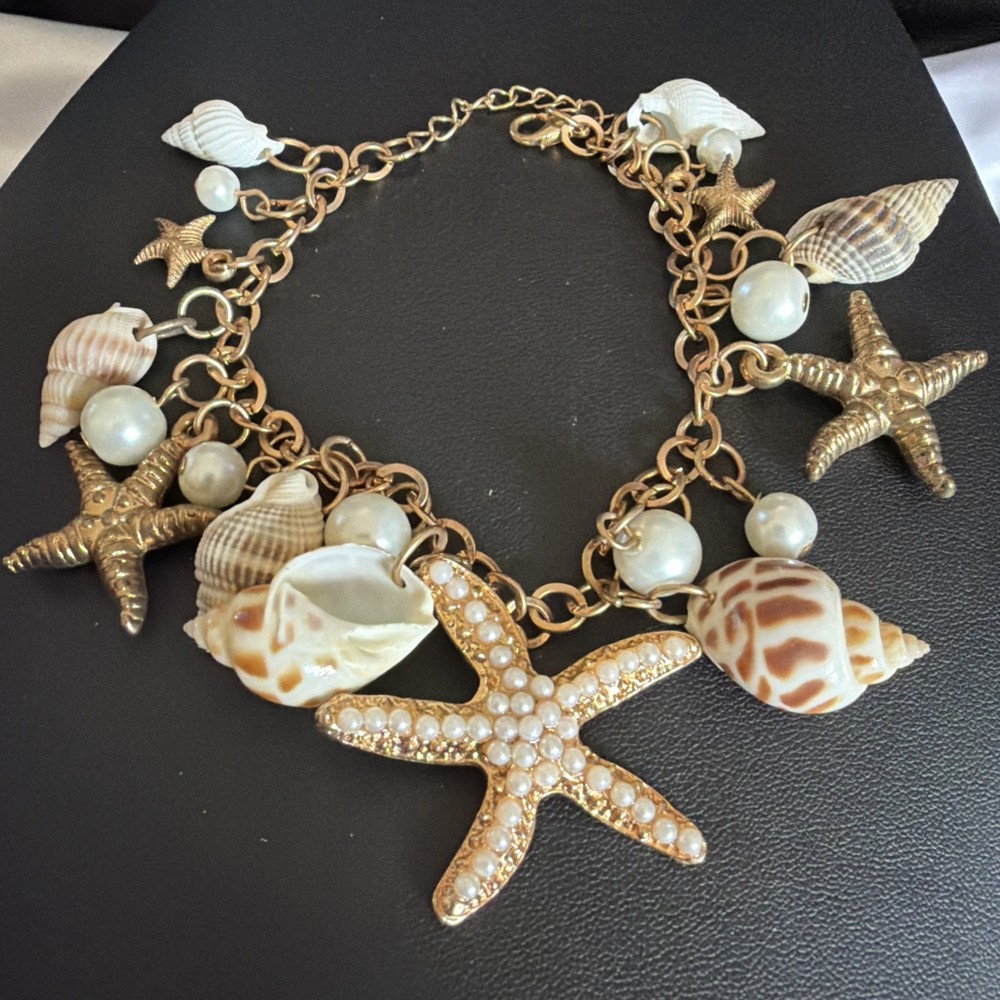 Starfish Seashell Bracelet Faux Pearls Nautical Statement Jewelry Beach Charms