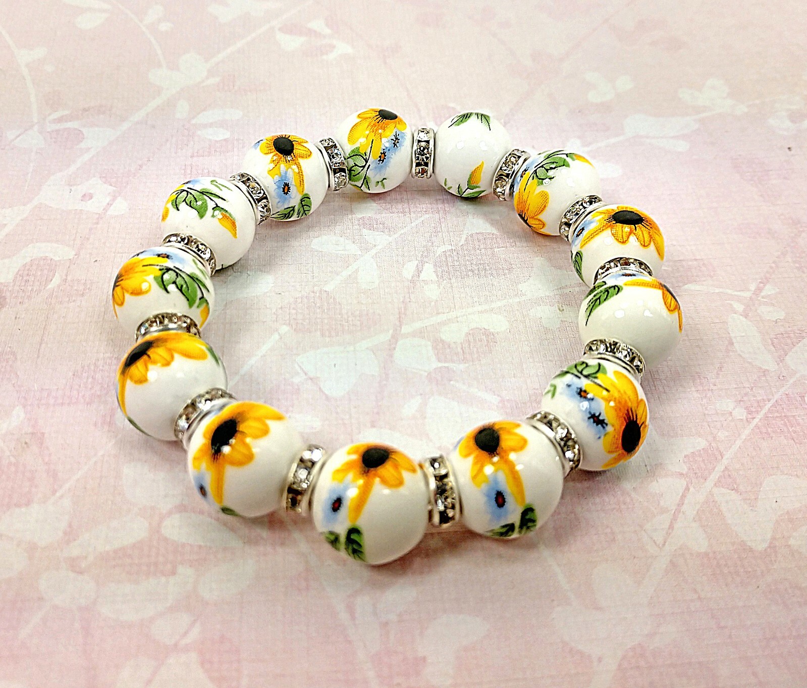 Yellow Flower Porcelain Bead and Crystal Beaded Stretch Bracelet - NEW gallery