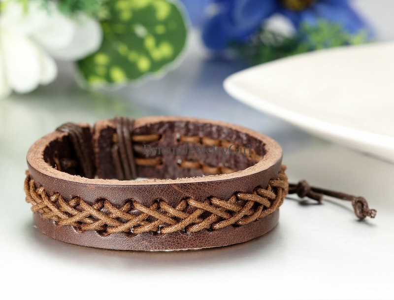 Mens Braided Leather Bracelet Wristband Cuff Black Brown Adjustable Gift gallery