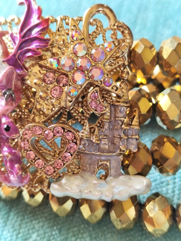 Kirks Folly Bracelet, Dragon & Castle Gold Stretchy Bead Bracelet Fairytale gallery