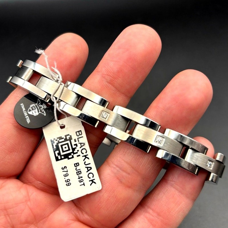 Blackjack BJB49T Men's Curved Link Stainless Steel Bracelet Cubic Zirconia NIBWT gallery