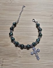 Green, Silver Bracelet with Cross Charms