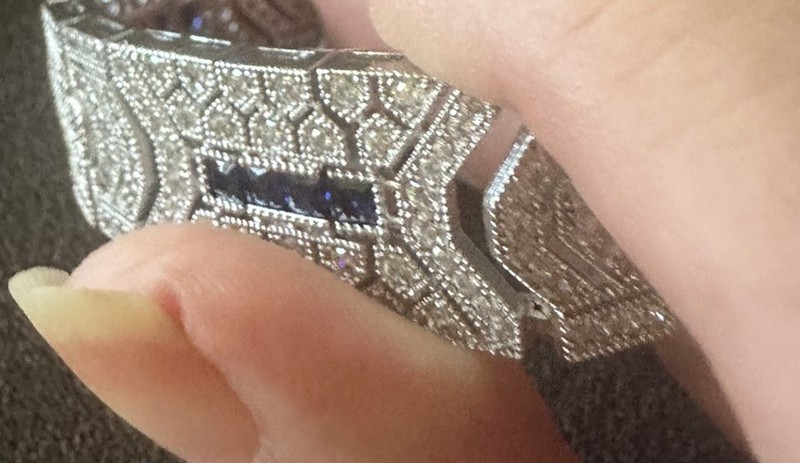 Art Deco Style Bracelet Moissonite Rhodium Plated And Deep Blue Crystals 7” gallery