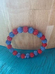 10 mm rhinestone beads, red and blue, handmade, stretchy, adult, unisex bracelet