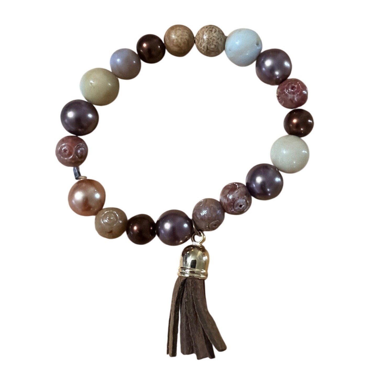Earth Tone Beaded Stretch Bracelet Brown Tan Cream StoneTassel Charm Gift gallery