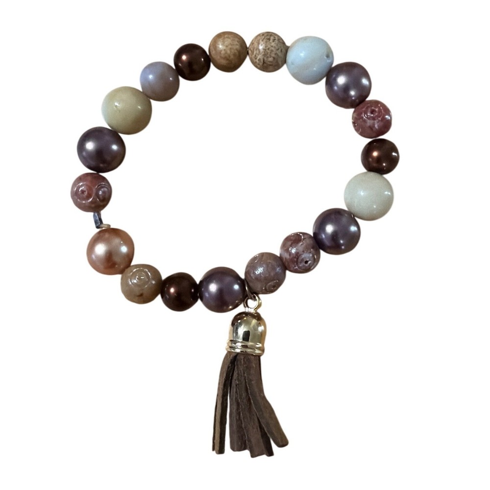 Earth Tone Beaded Stretch Bracelet Brown Tan Cream StoneTassel Charm Gift