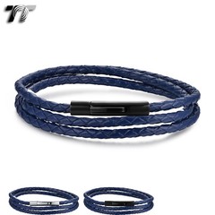 TT 4mm Blue Tri-Row Leather 316L Stainless Steel Bracelet 19-21.5cm (BR175F)NEW