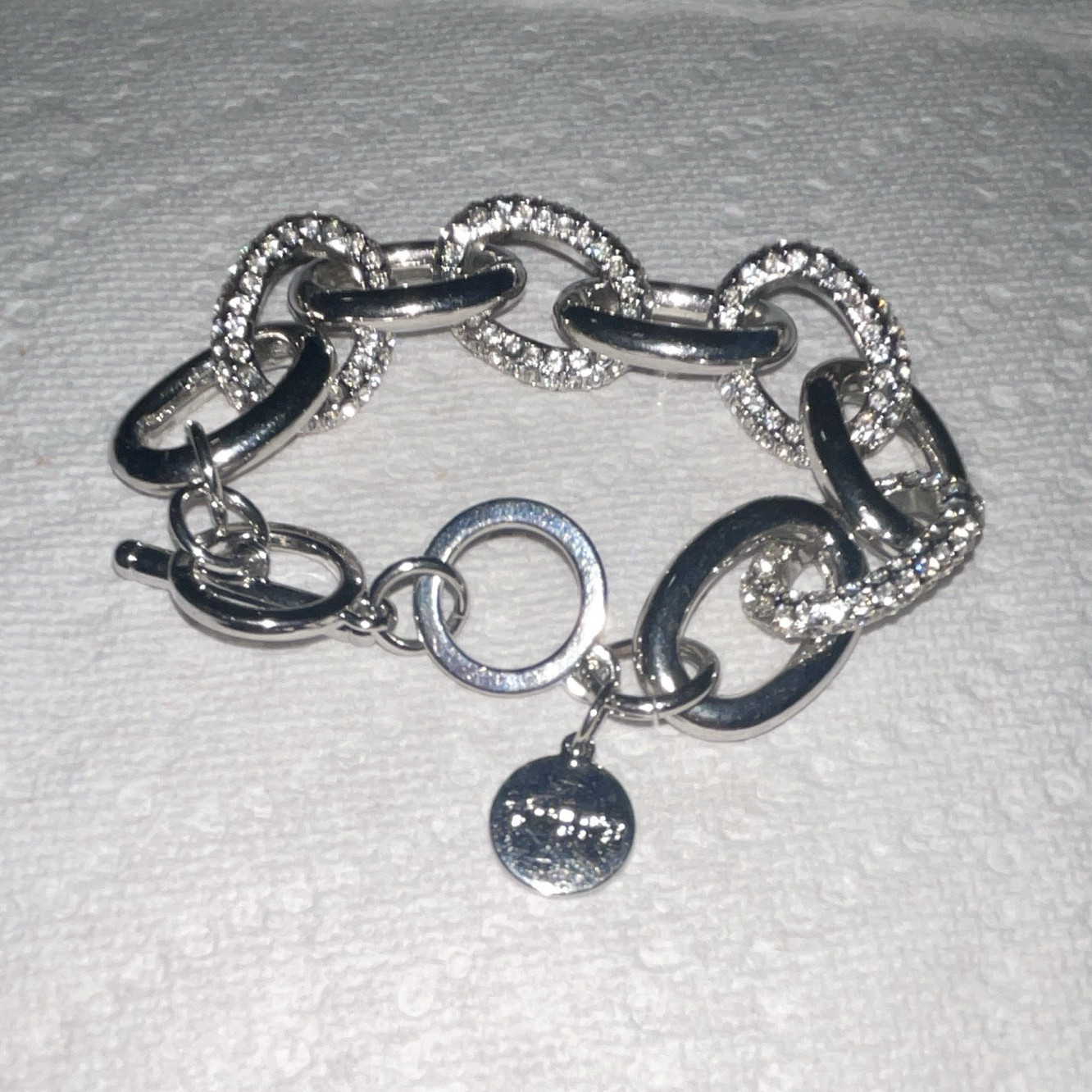 Silver Tone Oval Bar Link Bracelet Pavé Clear Crystal, Toggle, Disc Charm gallery