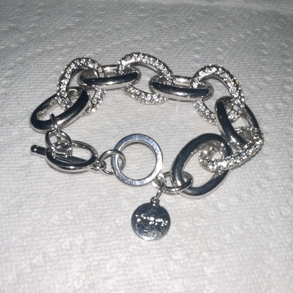 Silver Tone Oval Bar Link Bracelet Pavé Clear Crystal, Toggle, Disc Charm