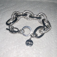 Silver Tone Oval Bar Link Bracelet Pavé Clear Crystal, Toggle, Disc Charm