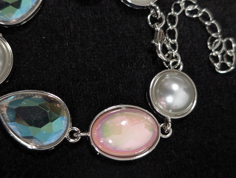 Silver Tone Pink Iridescent AB Crystal Faux Pearl Bezel Tennis Bracelet 9 in gallery