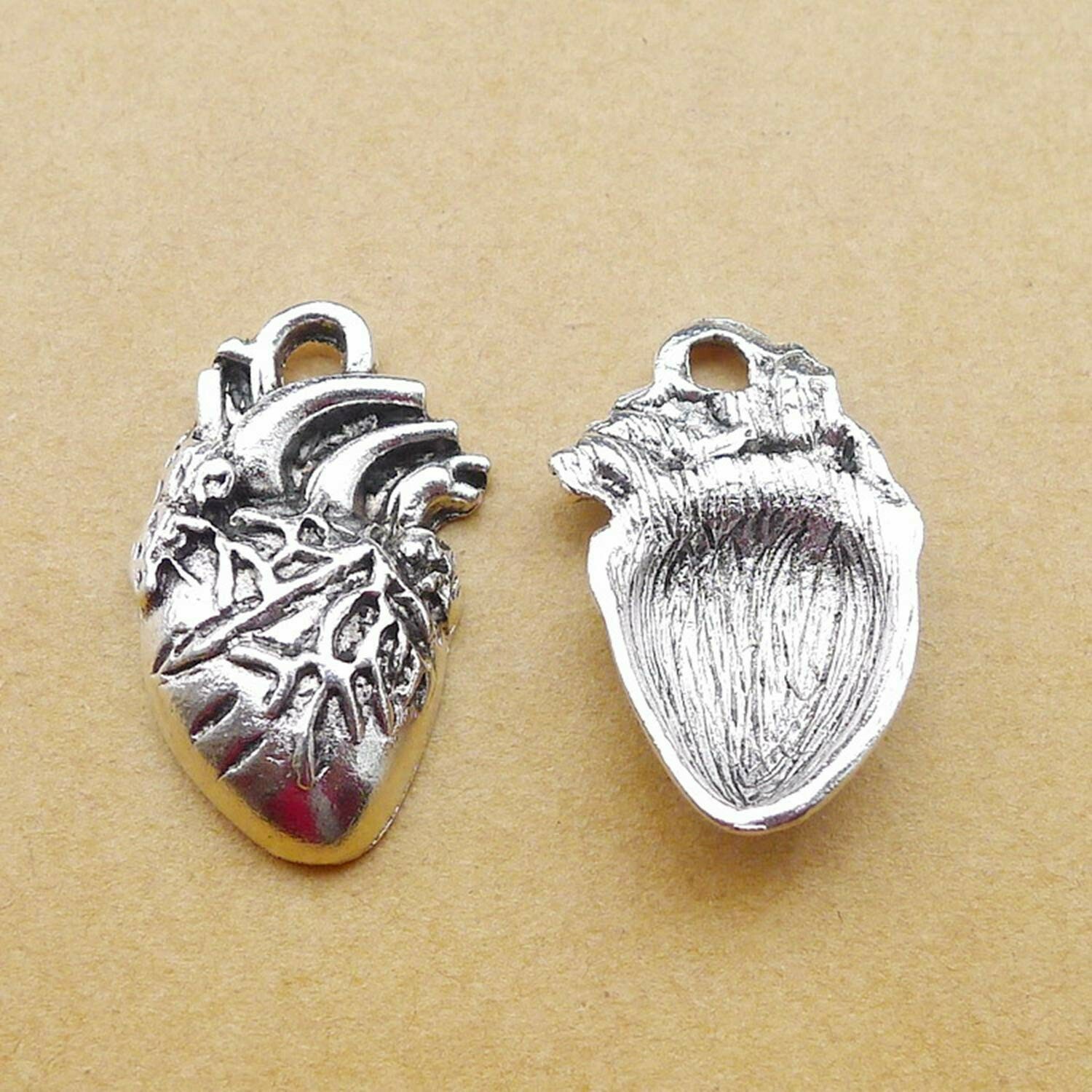 2 Human Heart Charms Silver Anatomy Pendants Organ Jewelry Findings 27mm gallery