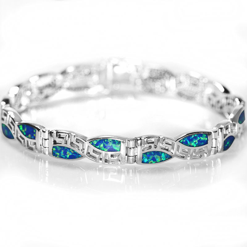 Hawaii Beach Blue Square 925 Sterling Sliver Fire Opal Bracelet 18cm gallery