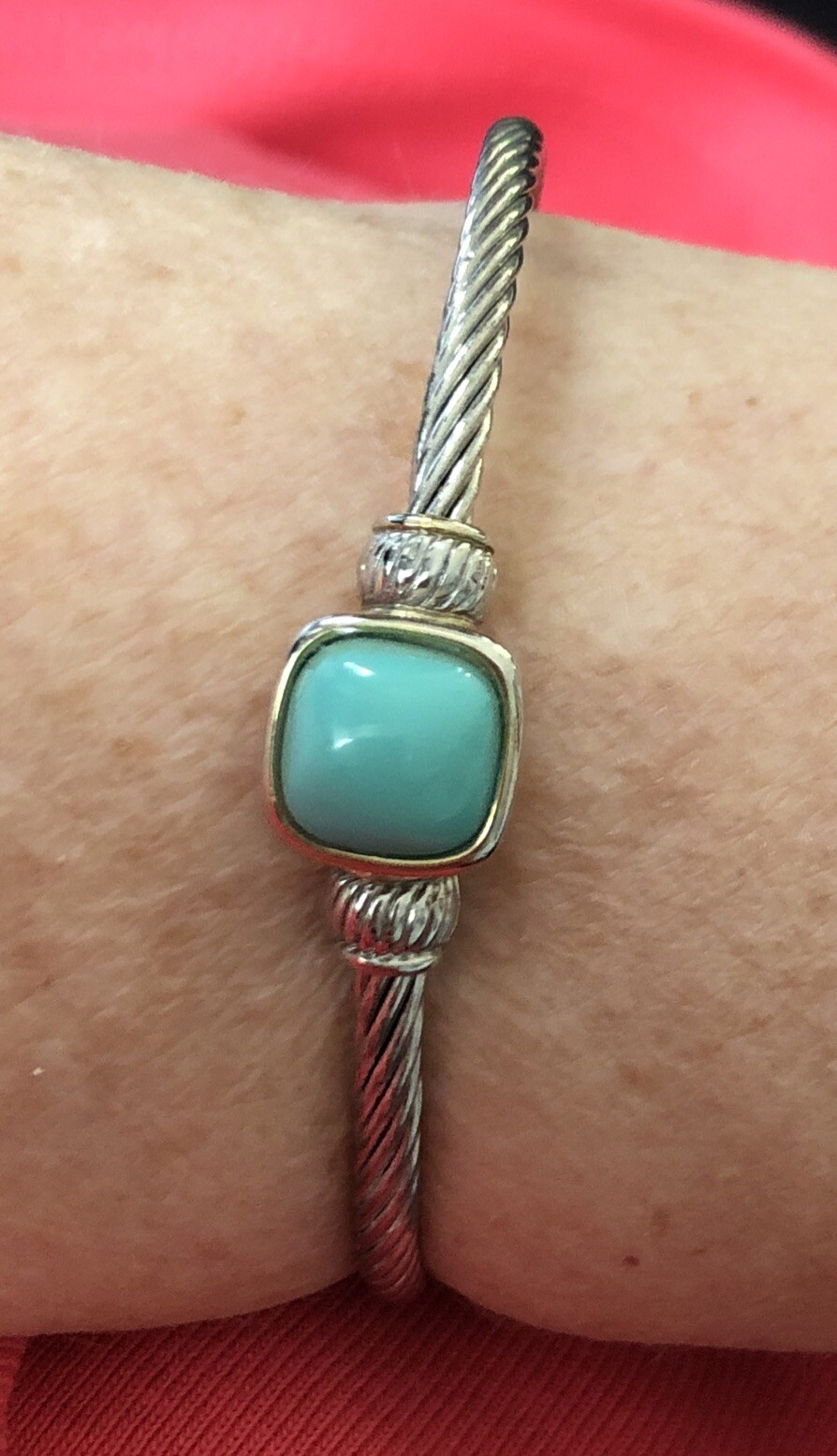 Threaded Bangle Square 3/8” Aqua Stone Hook Closure Twisted Cable Easy On & Off gallery