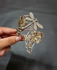 Vintage Ammonite Fossil Cuff Bracelet Wire Wrapped Adjustable Copper Bangle