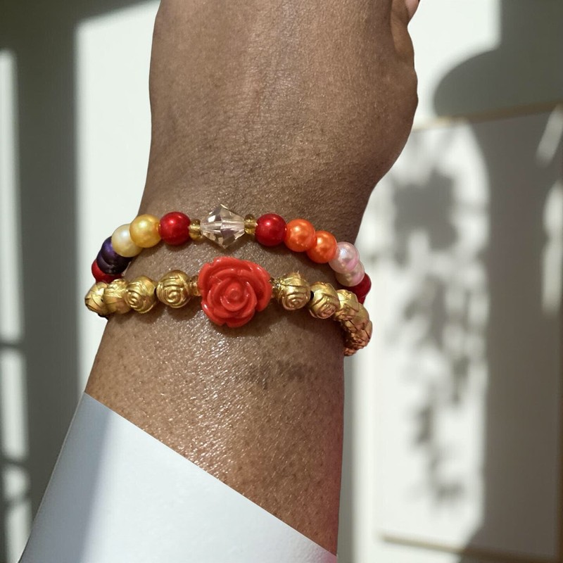 2 Set Handmade bracelets, gold opaque acrylic, rose accents, and colorful pearl gallery