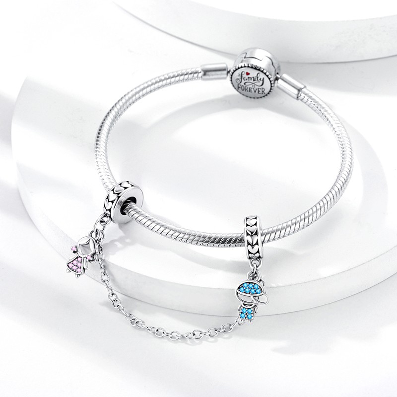 MULA European Boys Girls Safety Chain DIY Charm CZ For Bracelet 925 SilverPlated gallery