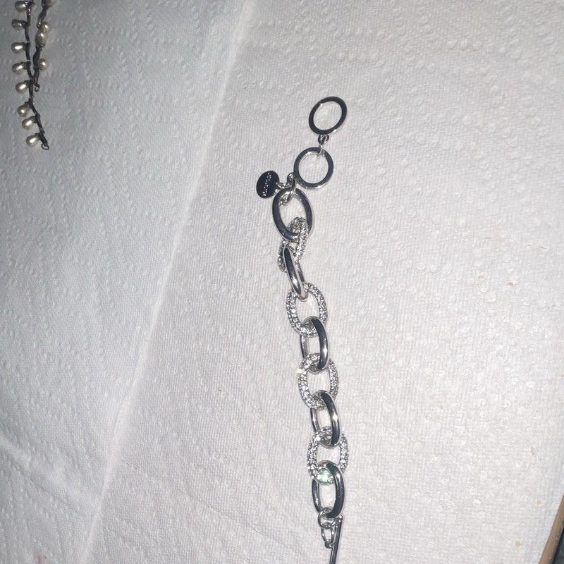 Silver Tone Oval Bar Link Bracelet Pavé Clear Crystal, Toggle, Disc Charm gallery