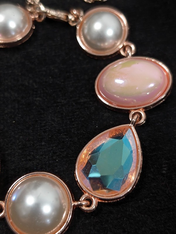 Rose Gold Tone Pink Iridescent AB Crystal Faux Pearl Bezel Tennis Bracelet 9 in gallery