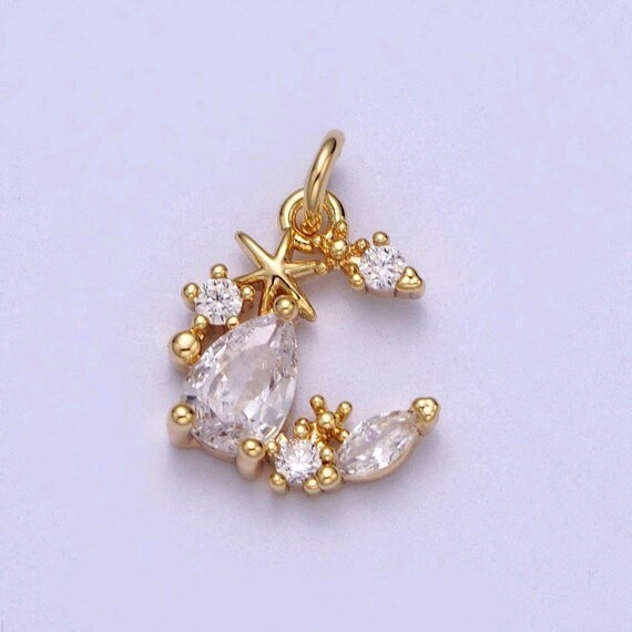 16k Gold Filled Moon Charm Micro Pave CZ Beaded Celestial Pendant for DIY 1pc