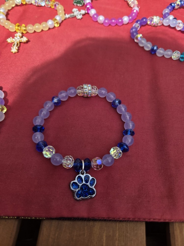 Blue Beaded Stretch Bracelet Round Ball Beads Paw Print Dangle Charm