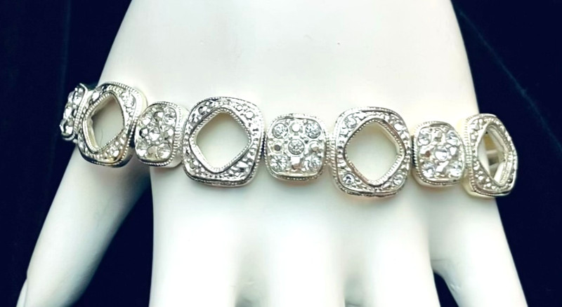 Clear Rhinestone Bracelet Silver Tone Stretch Art Deco Inspired Geometric Open gallery