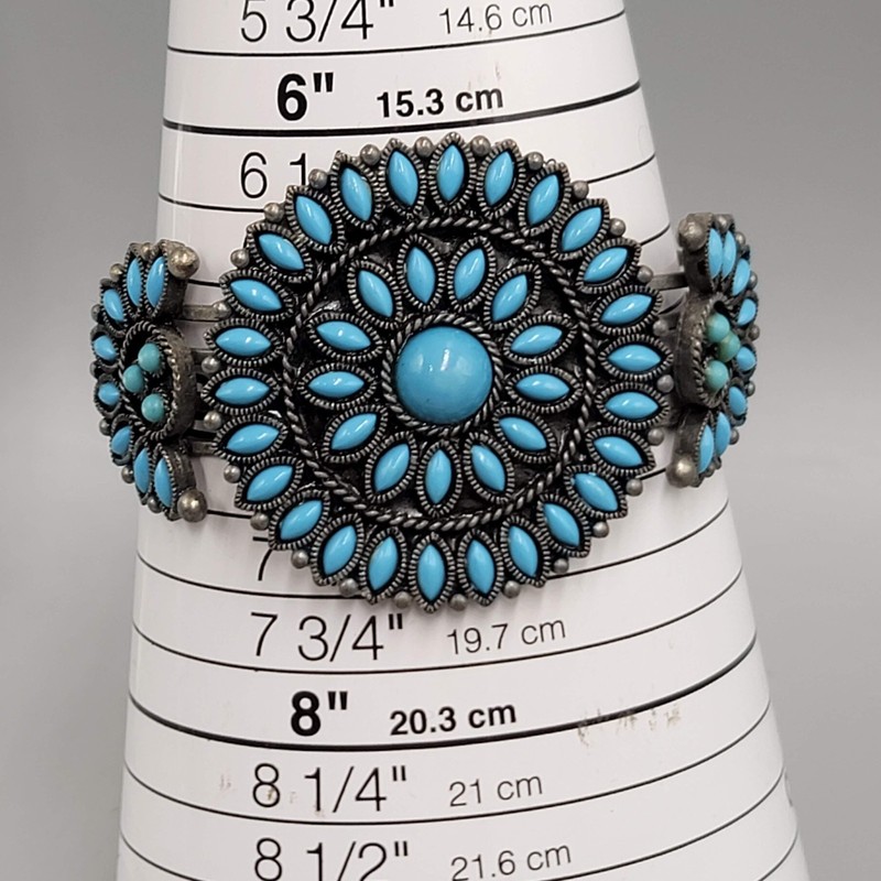 Southwest Style Cuff Bracelet Dark Gray Metal Blue Acrylic Accents Signed NR gallery