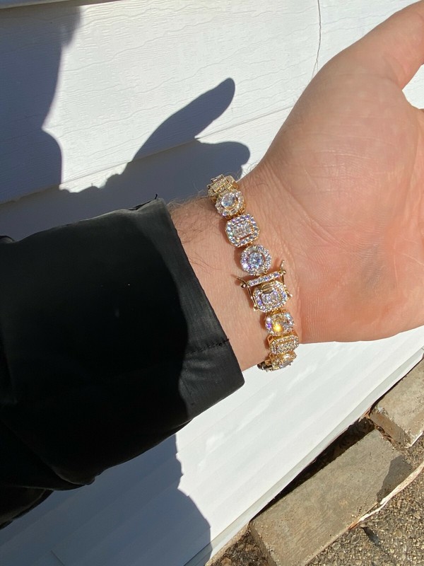Solid 925 Sterling Silver 14k Gold Plated Baguette CZ Tennis Bracelet Hip Hop gallery
