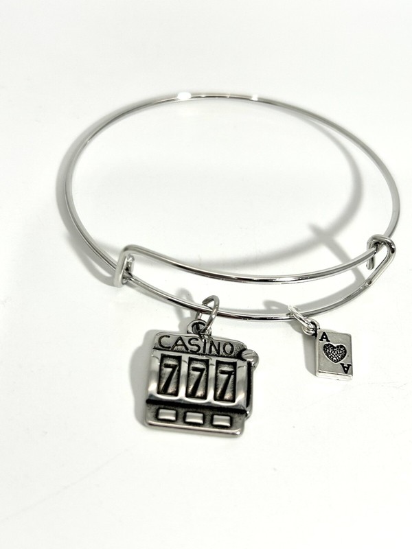 Casino 777 Slot Machine & Ace of Spades Card Gambling Silver Charm Bracelet gallery