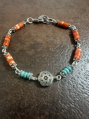 Silver and Orange Beaded Bracelet