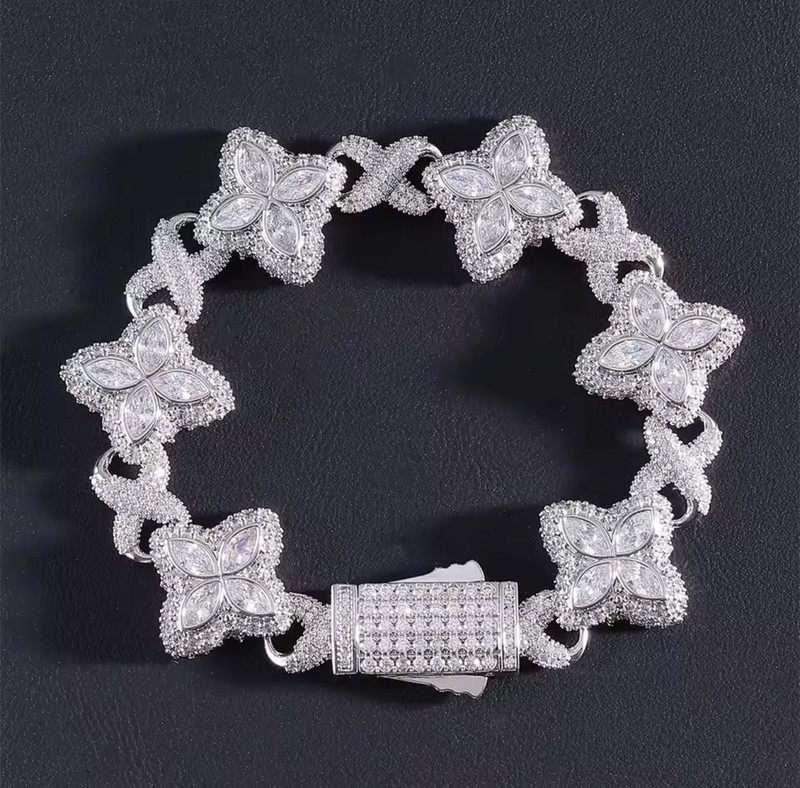 Iced Out Baguette CZ Floral Infinity Bracelet 7-8” Spring Clasp Hip Hop Jewelry gallery