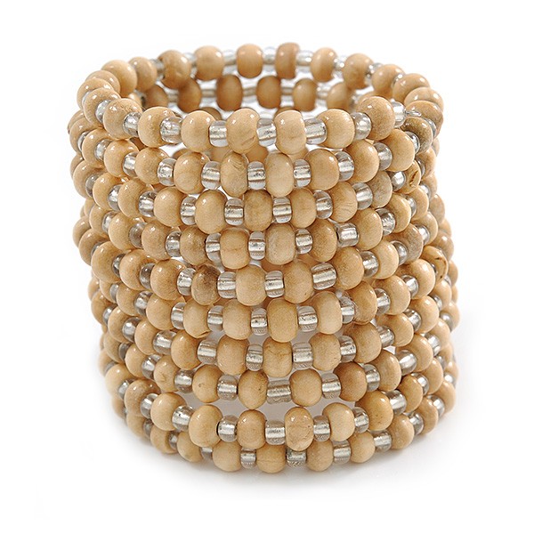 Wide Glass/ Wood Beaded Coiled Flex Bracelet/ Natural