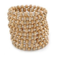 Wide Glass/ Wood Beaded Coiled Flex Bracelet/ Natural