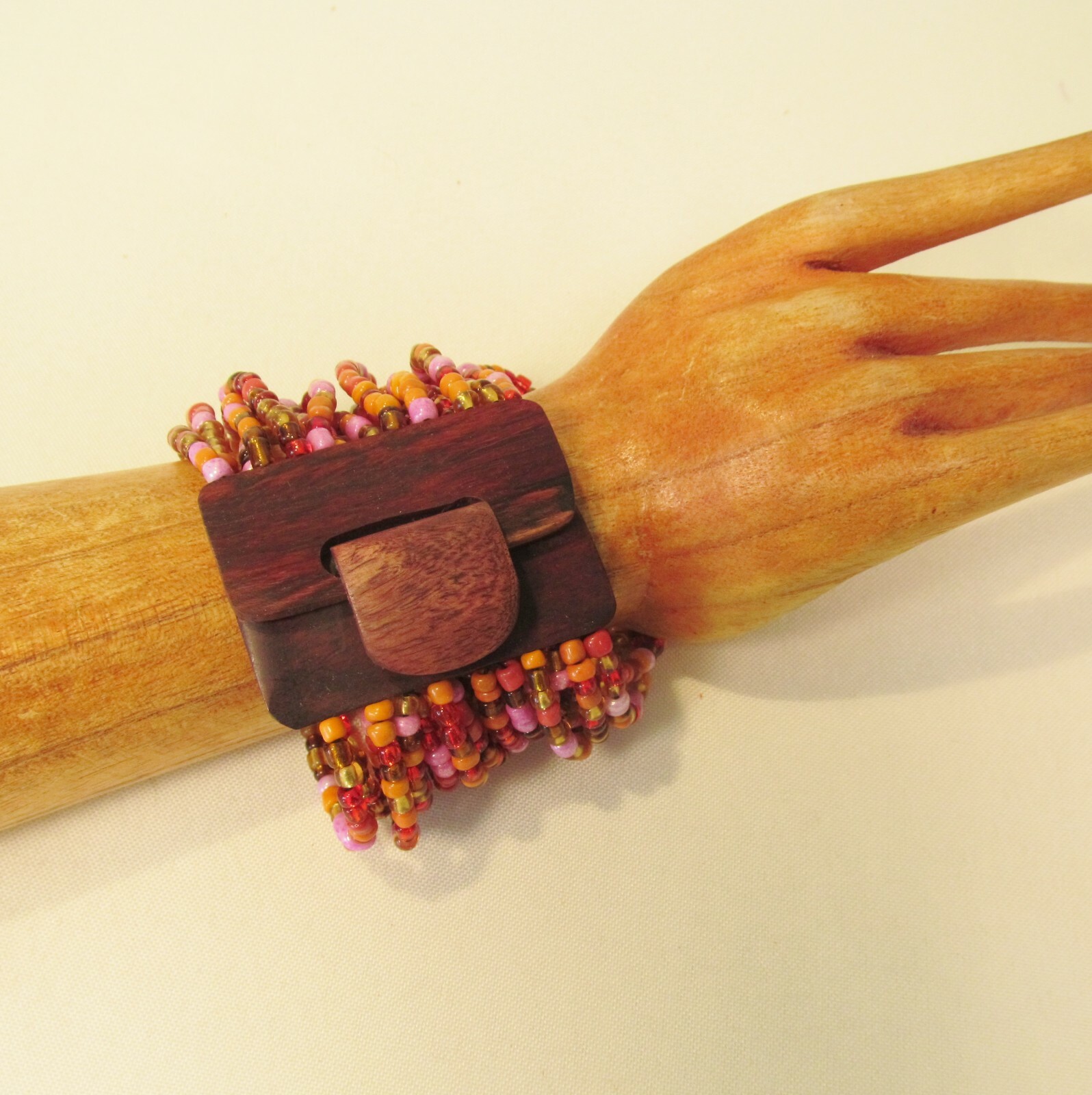Orange Pink Gold Handmade Beaded Stretch Wood Buckle Seed Bead Bali Bracelet gallery