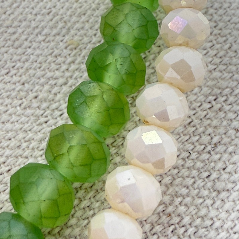 Lizas Beaded Bracelet Set Green White Faceted Crystal Stretch Layering Stacking gallery