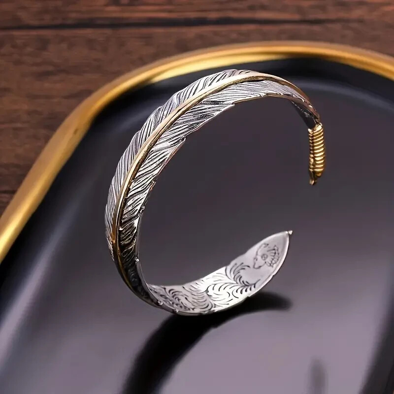 Men Vintage Silver Feather Cuff Bracelet Adjustable Wrist Bangle Bracelet Gift gallery