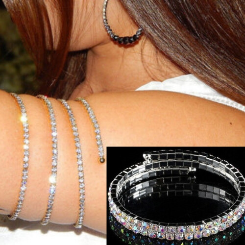 Aurora Borealis Rhinestone Bracelet Silver Spiral 3 Row Arm Band AB Bicep Cuff