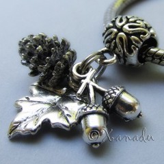 Silver Autumn European Pendant Charm With Pine Cone, Acorn And Leaf Charm Beads