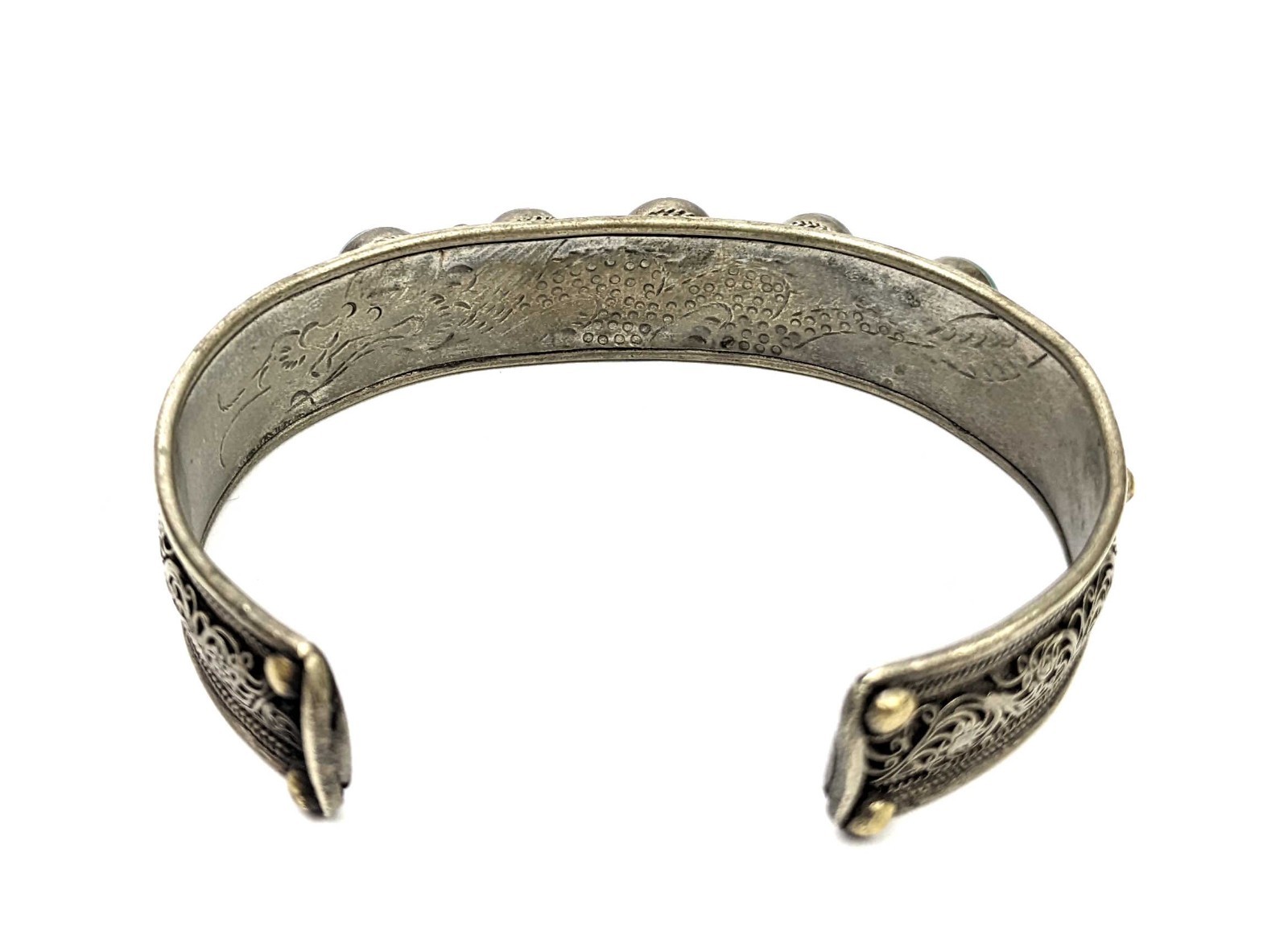 Vintage Nepalese Tibetan Multicolor Stone Bangle Silver Dragon Etched on Inside gallery