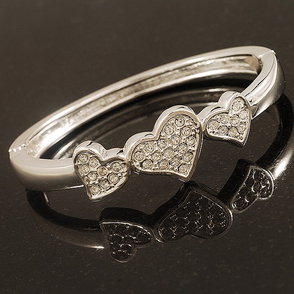 Rhodium Plated Diamante Heart Hinged Bangle Bracelet gallery