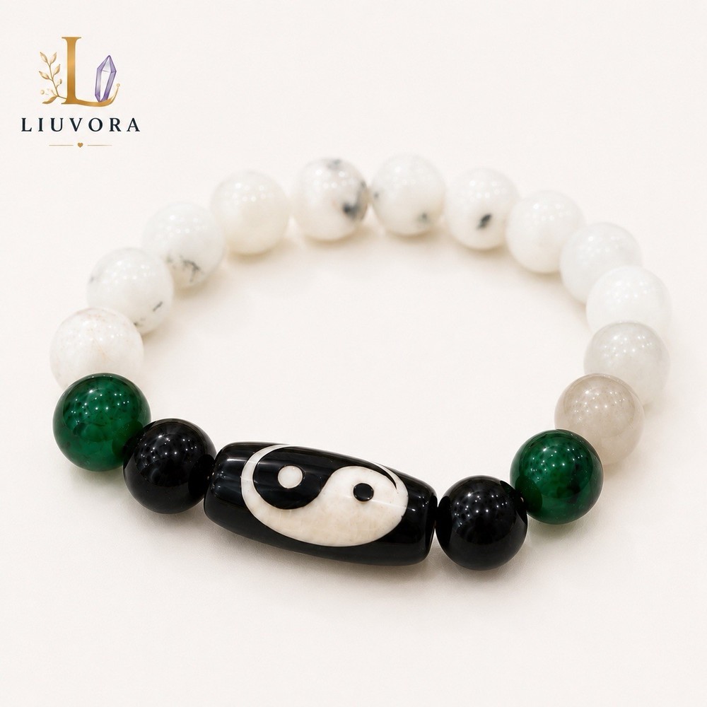 Natural Stone Yin Yang Dzi Bracelet White Agate Green Tiger Eye Handmade