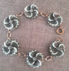 Blue/ Black Carved Flower Celluloid Vintage Silvertone Bracelet Spring Ring 7.5″