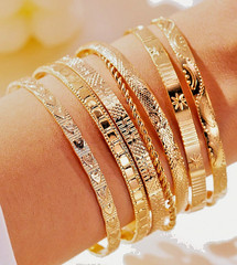 7pcs Hexagram Hammered Cable Open Bangle Bracelet Set – Stylish Layered Look
