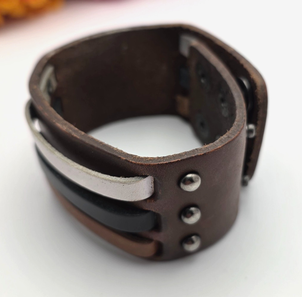 Wide Brown Leather Cuff Bracelet 9 in Multicolor Strap Snap Adjustable 38mm Wide gallery