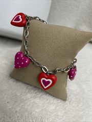Valentines Day Heart Charm Bracelet Silver Red Pink 8”