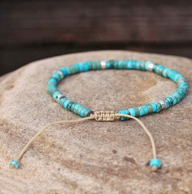 Turquoise Natural Stone Handmade Healing Reiki 4mm Round Bead Dainty Bracelet gallery